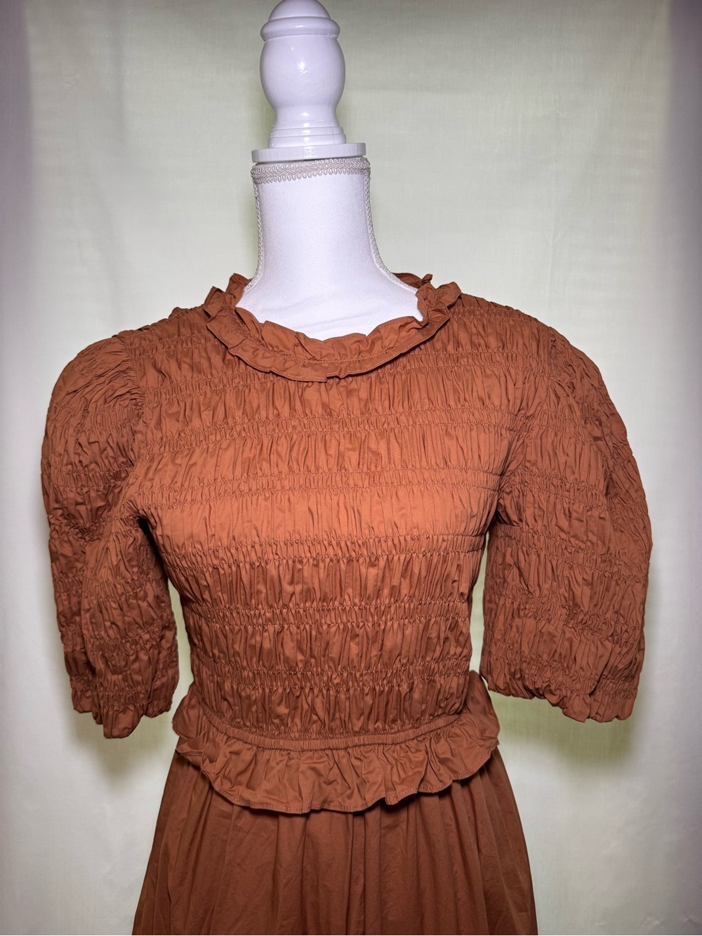 Moon River Smocked Rust Brown Maxi Dress with Puff Sleeves - Picture 3 of 4